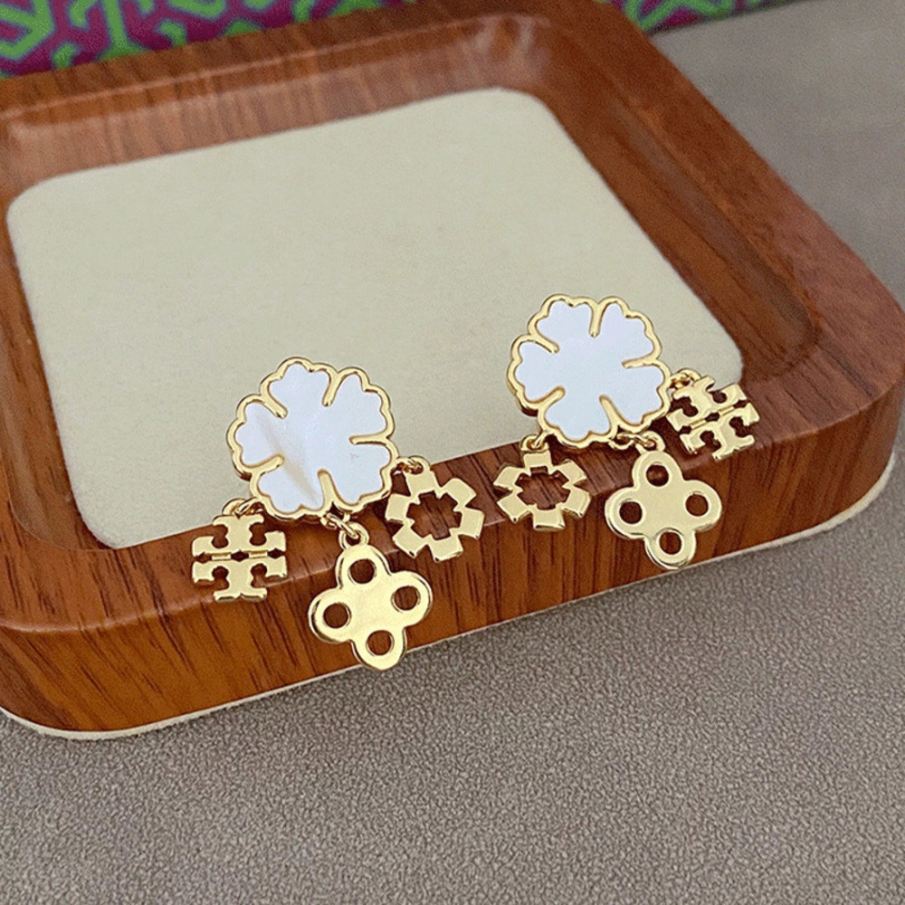 Tory Burch Natural Shell Four Leaf Clover Metal Drop Earrings for